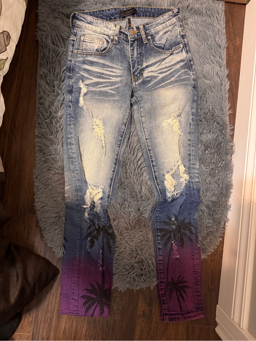 AMIRI Men’s Slim Distressed Ombre Jeans in Blue & Purple with Palm Print